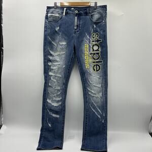 Staple Pigeon Fly Button Jeans Men’s Size 34x32 Embroidered Printed Distressed